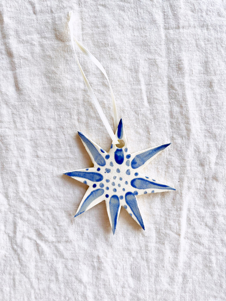 hand painted blue and white star christmas ornament with white ribbon