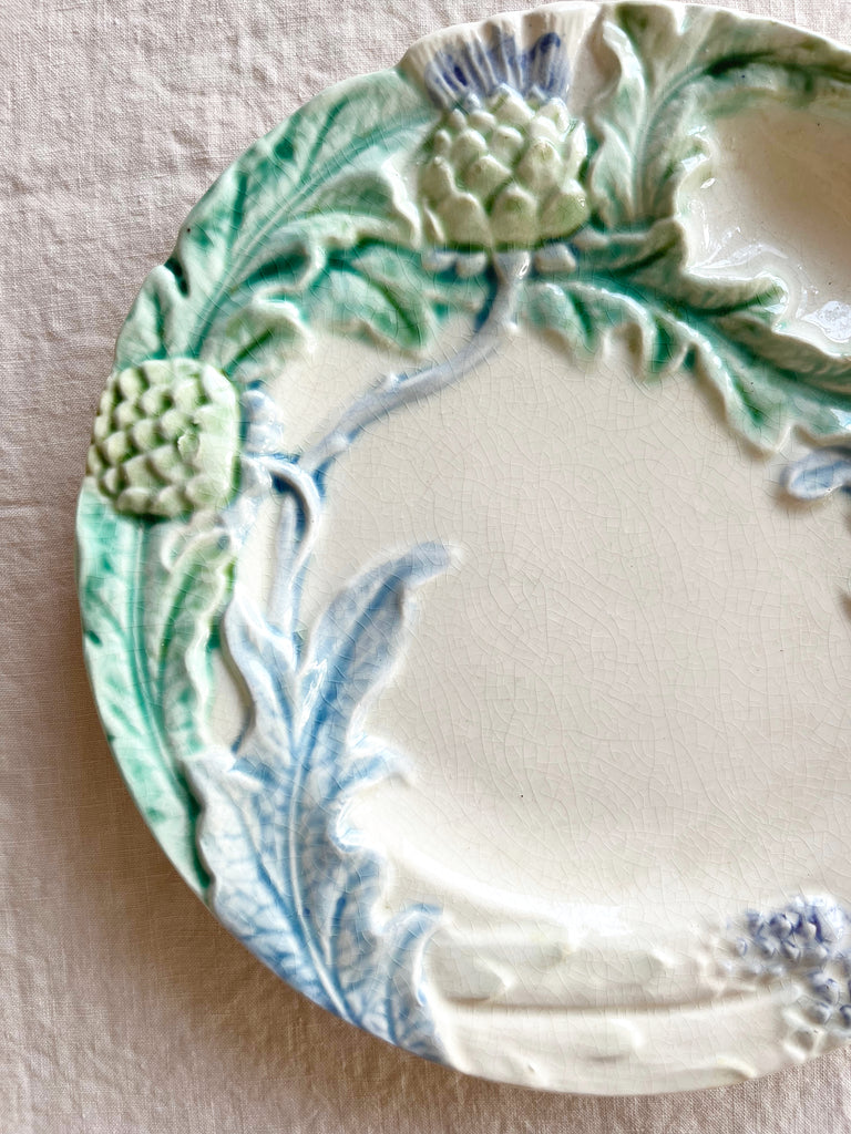 vintage ironstone asparagus plate white with blue and green asparagus edge detail view