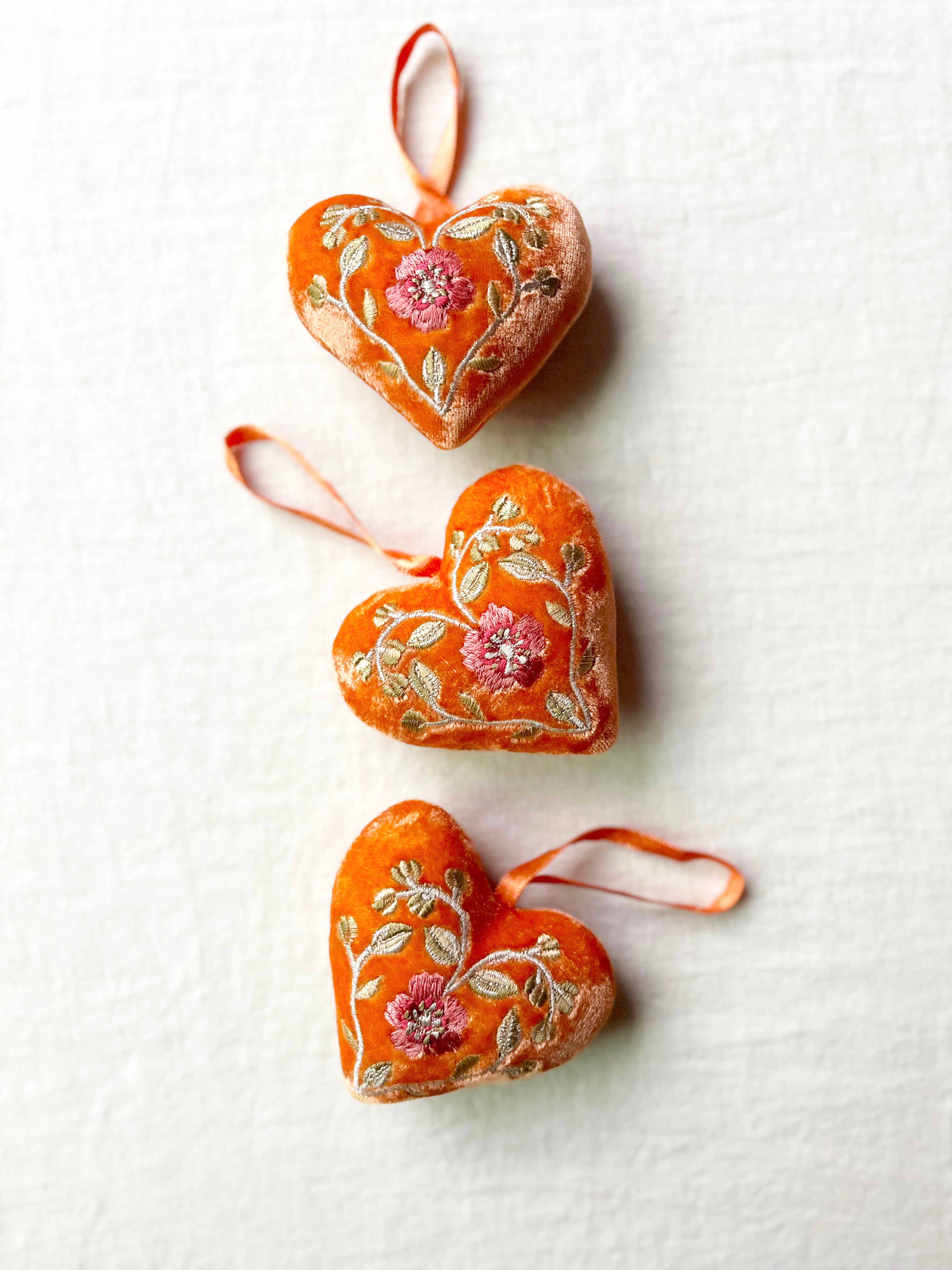 Aditi Velvet Heart Ornament - Tangerine