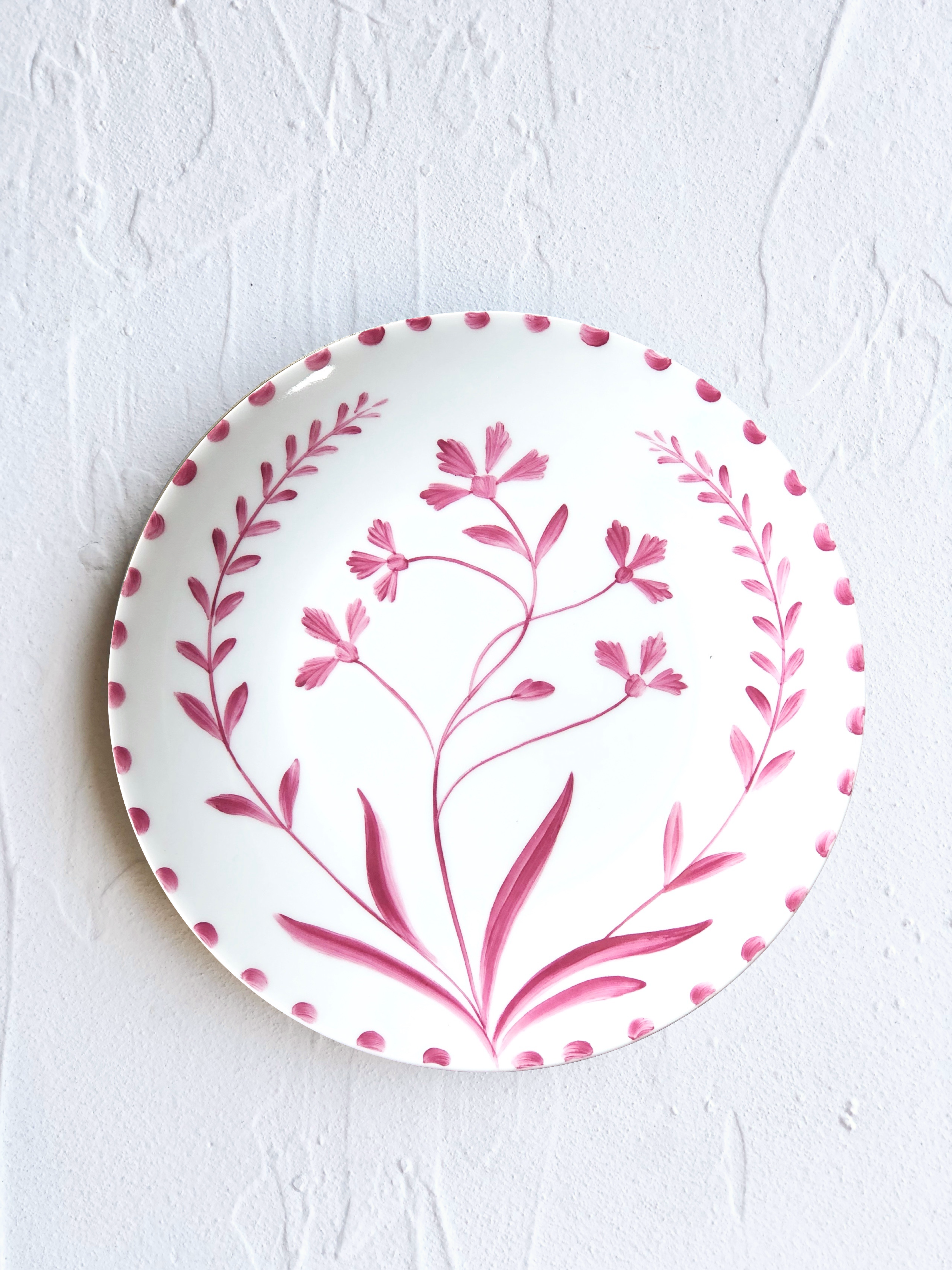 white dinner plate with ruby hand painted floral 10.5 inch