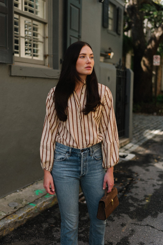 brown striped button down linen blouse, remy stripe with jeans