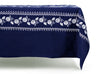 rectangular blue embroidered tablecloth with white flowers side view