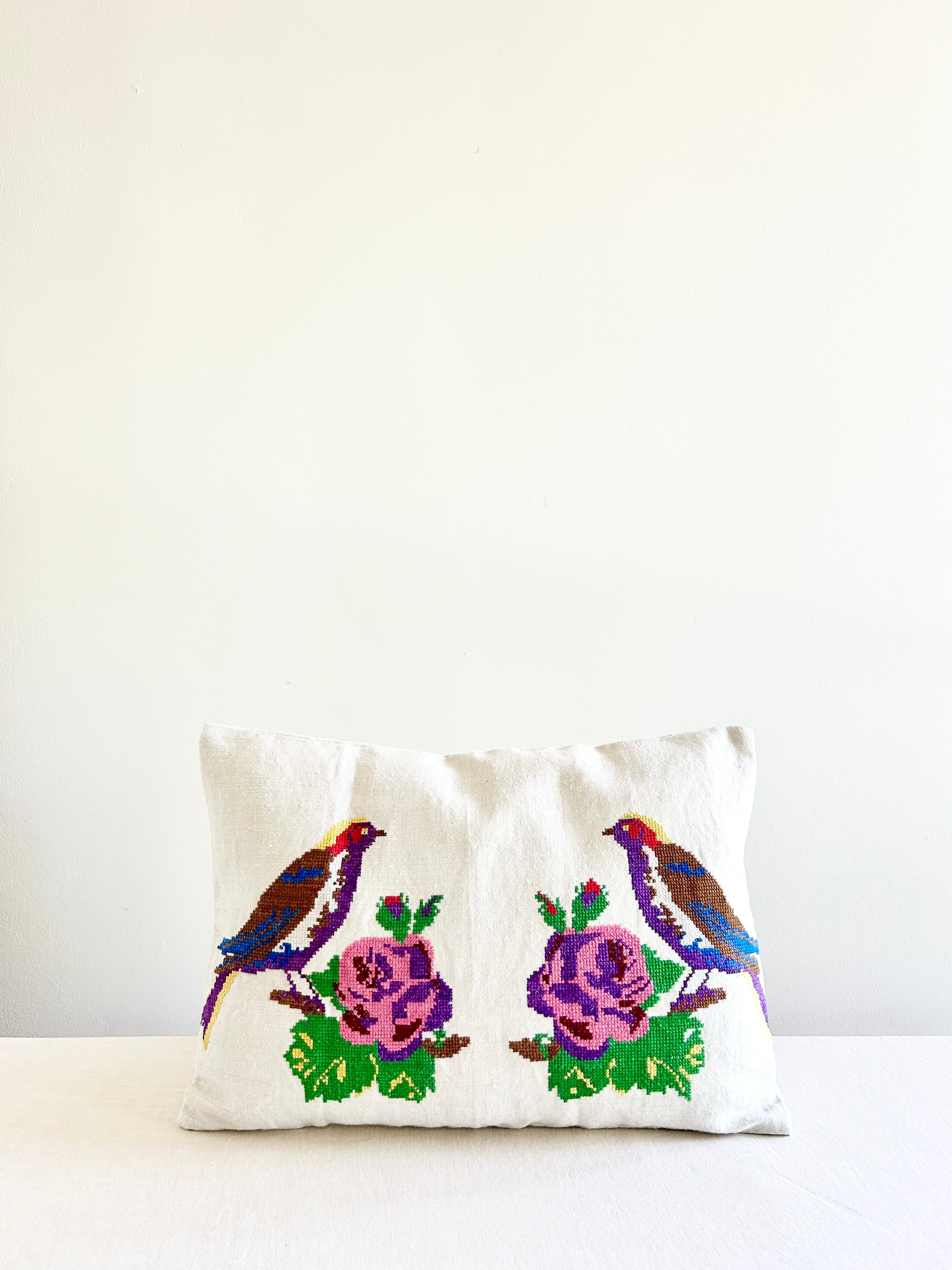 Historic Romanian Bird Embroidered Pillow