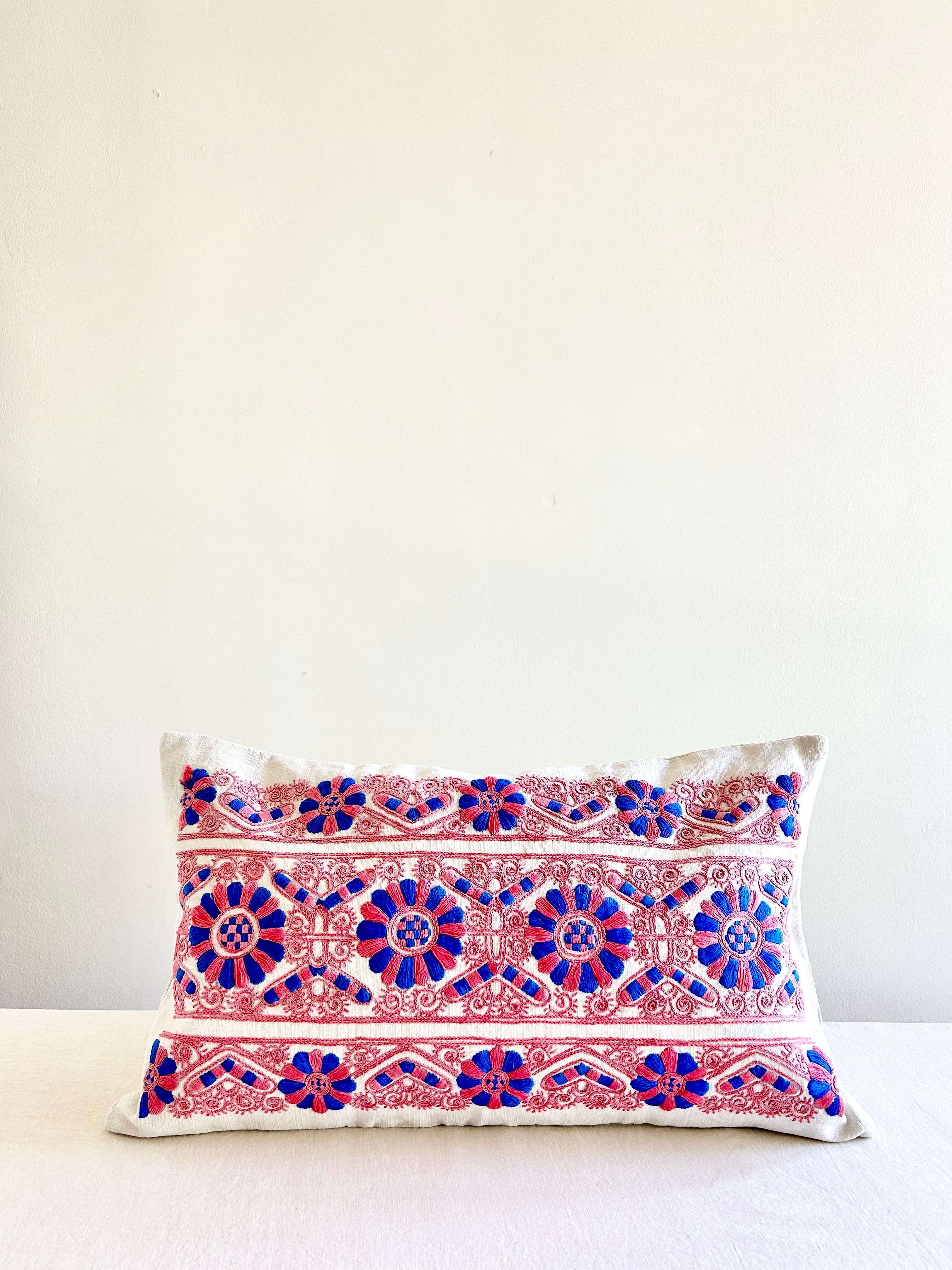 Historic Hungarian Pink & Blue Embroidered Pillow