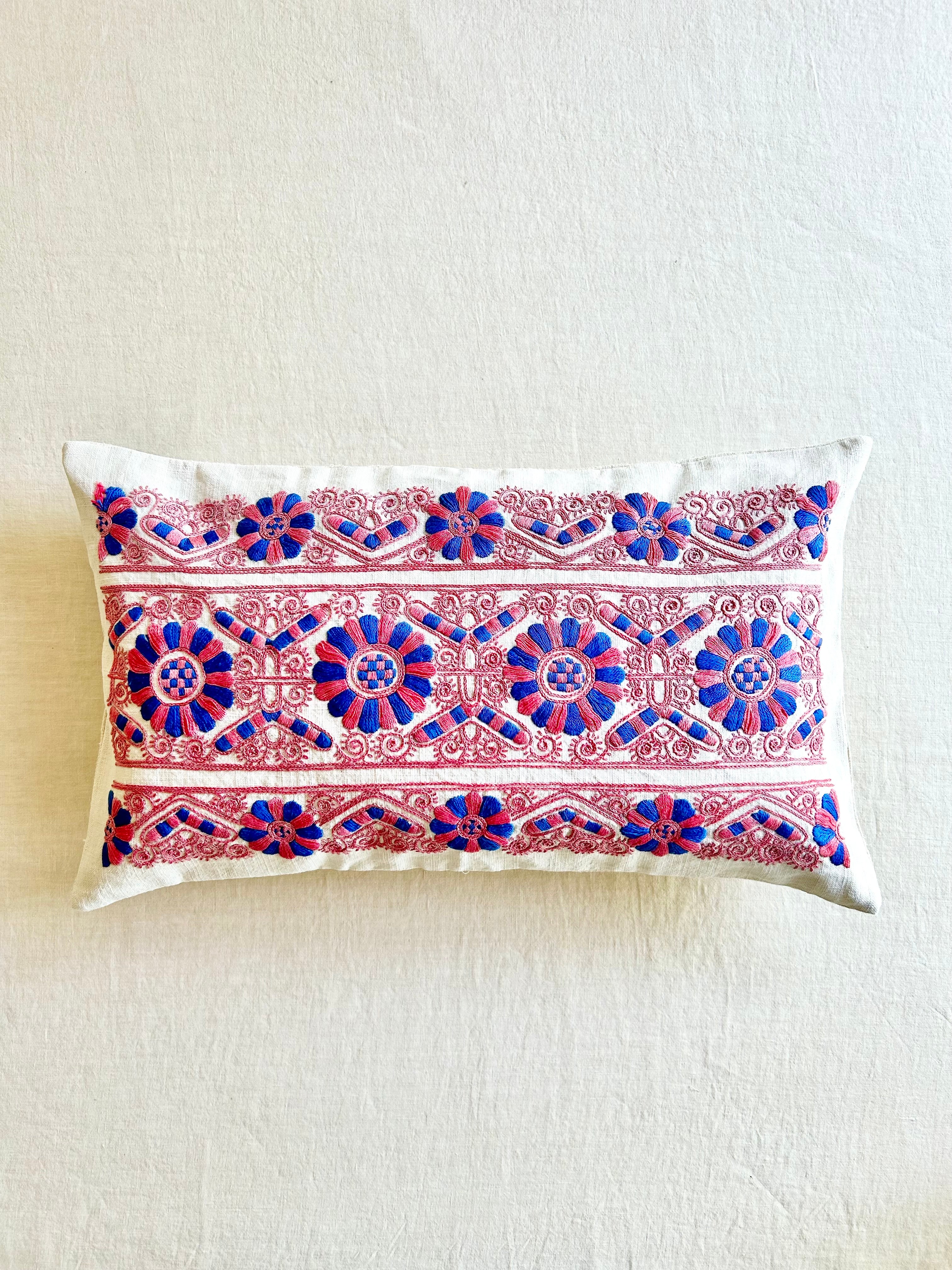 Historic Hungarian Pink & Blue Embroidered Pillow