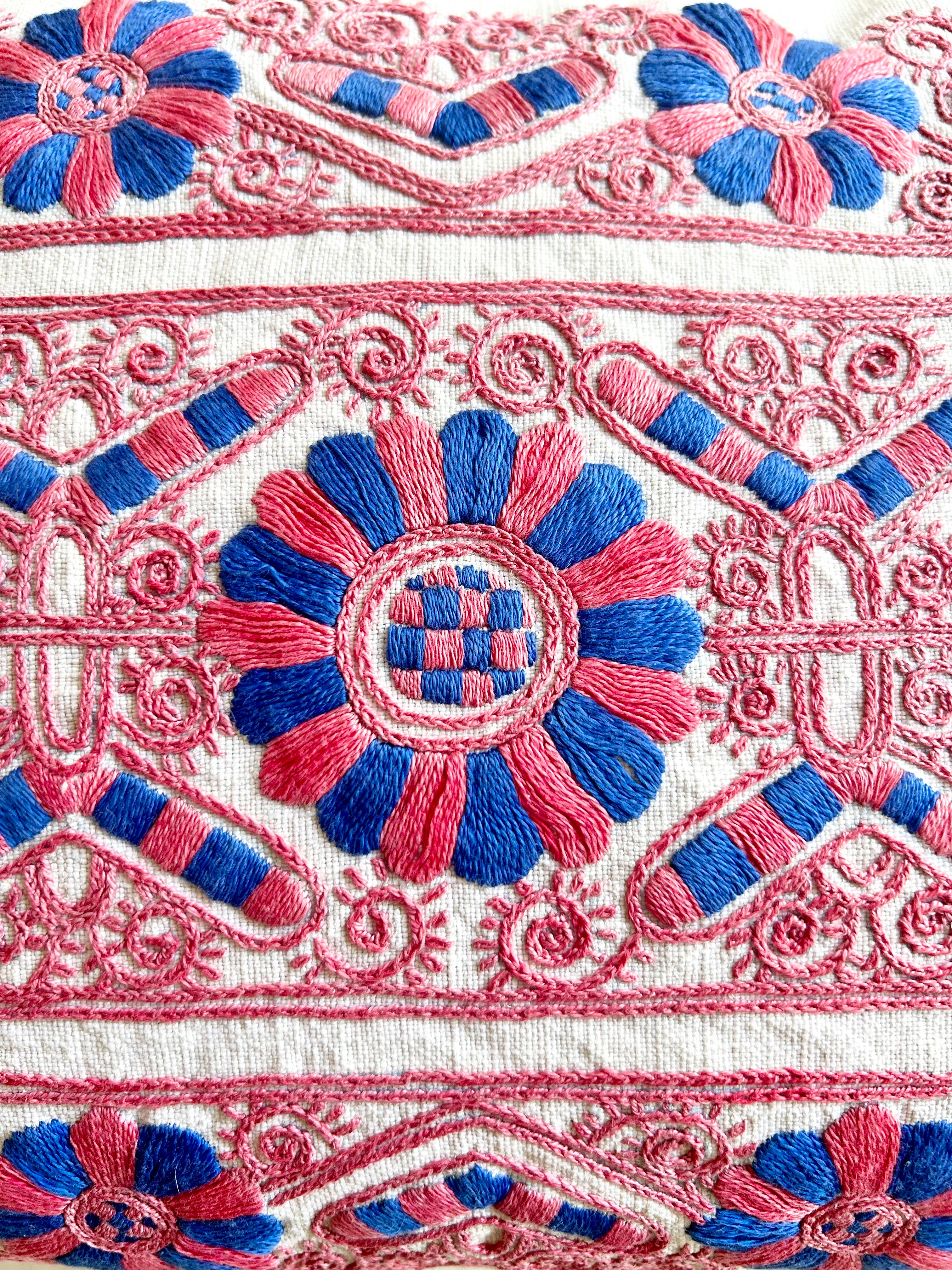 Historic Hungarian Pink & Blue Embroidered Pillow
