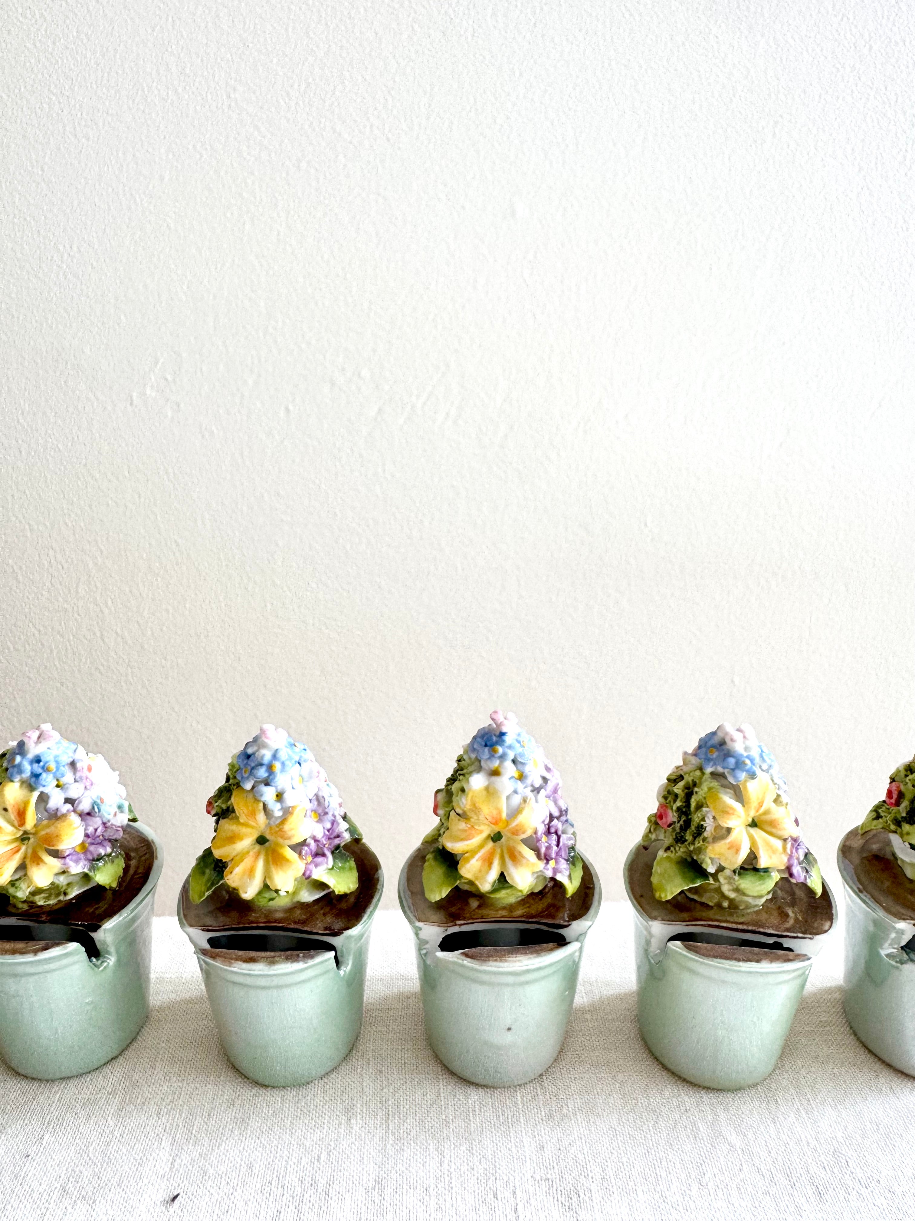 Historic Porcelain Potted Flowers -Place Card Holders S/6