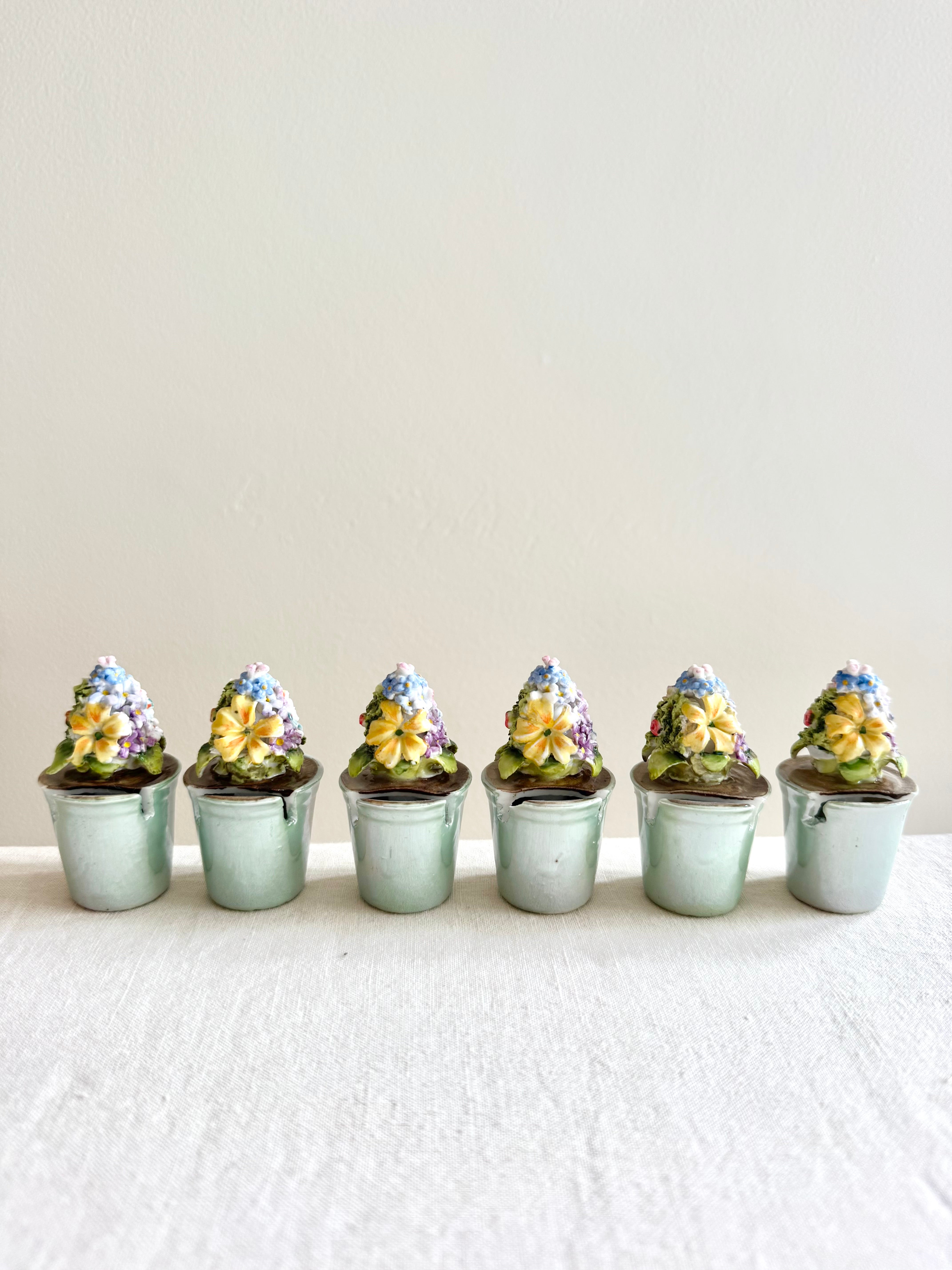 Historic Porcelain Potted Flowers -Place Card Holders S/6
