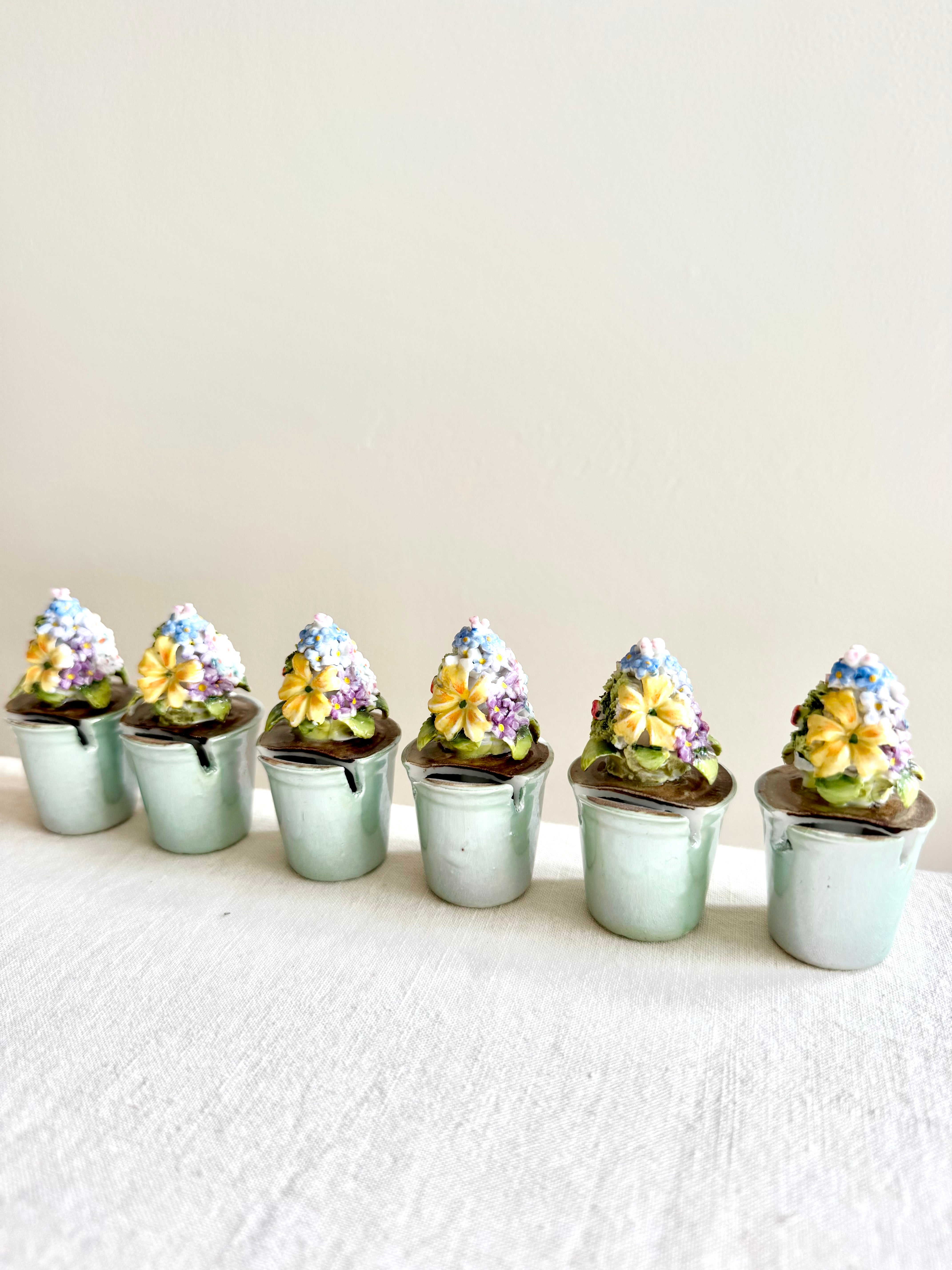 Historic Porcelain Potted Flowers -Place Card Holders S/6
