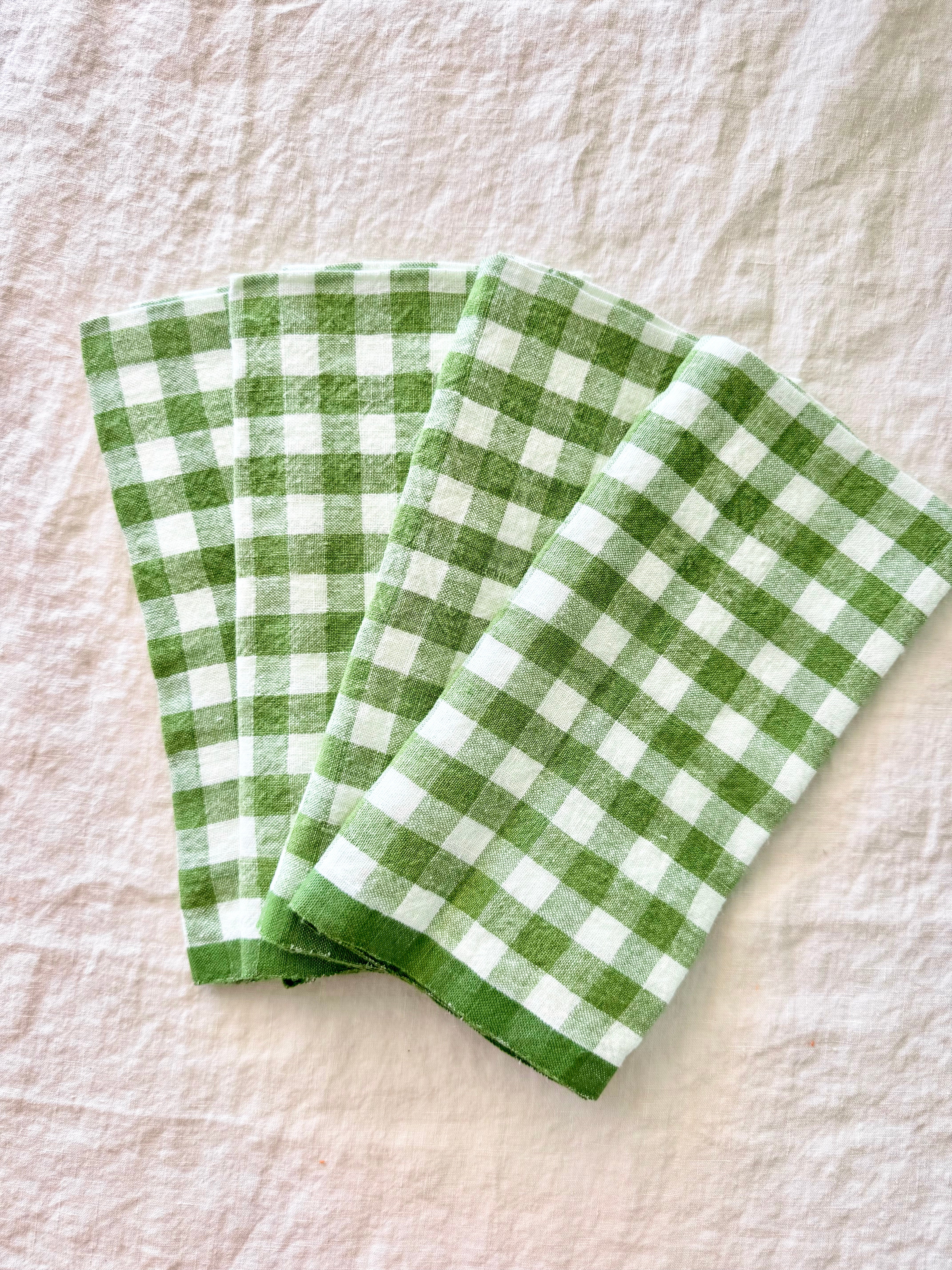 Gingham Belgian Linen Napkin-  Basil - Set of 4