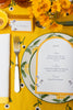 rectangular yellow tablecloth with white daisies with menu