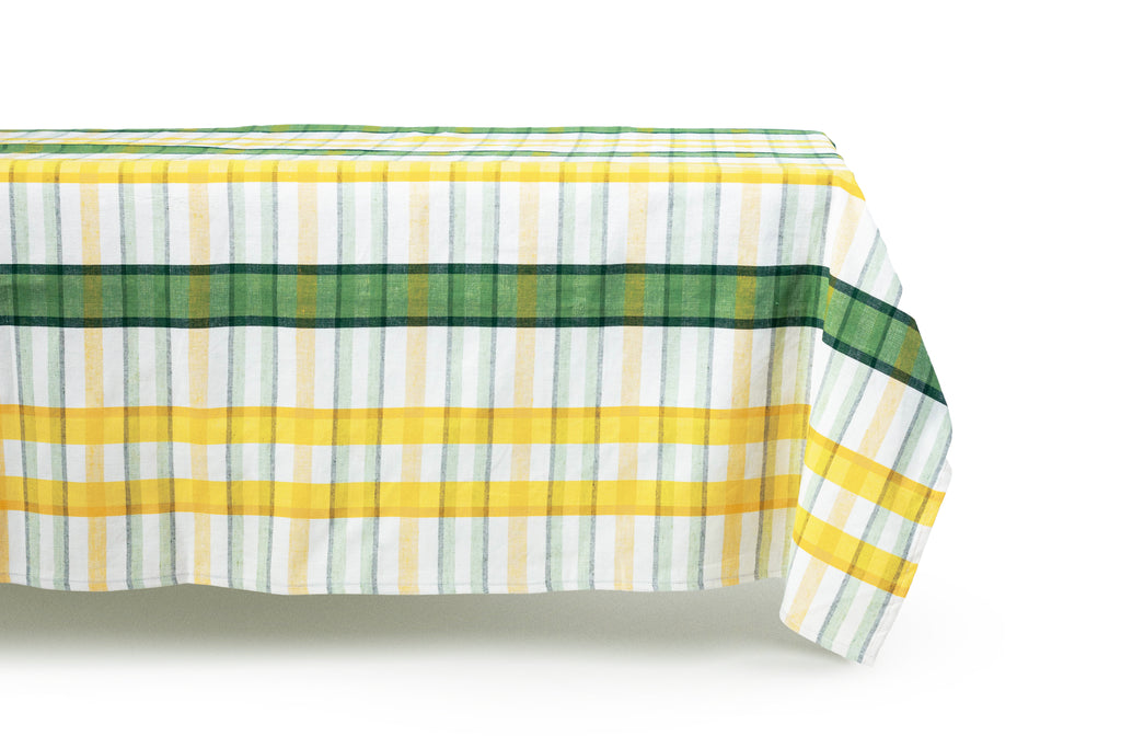 yellow, green and white plaid rectangular tablecloth side view