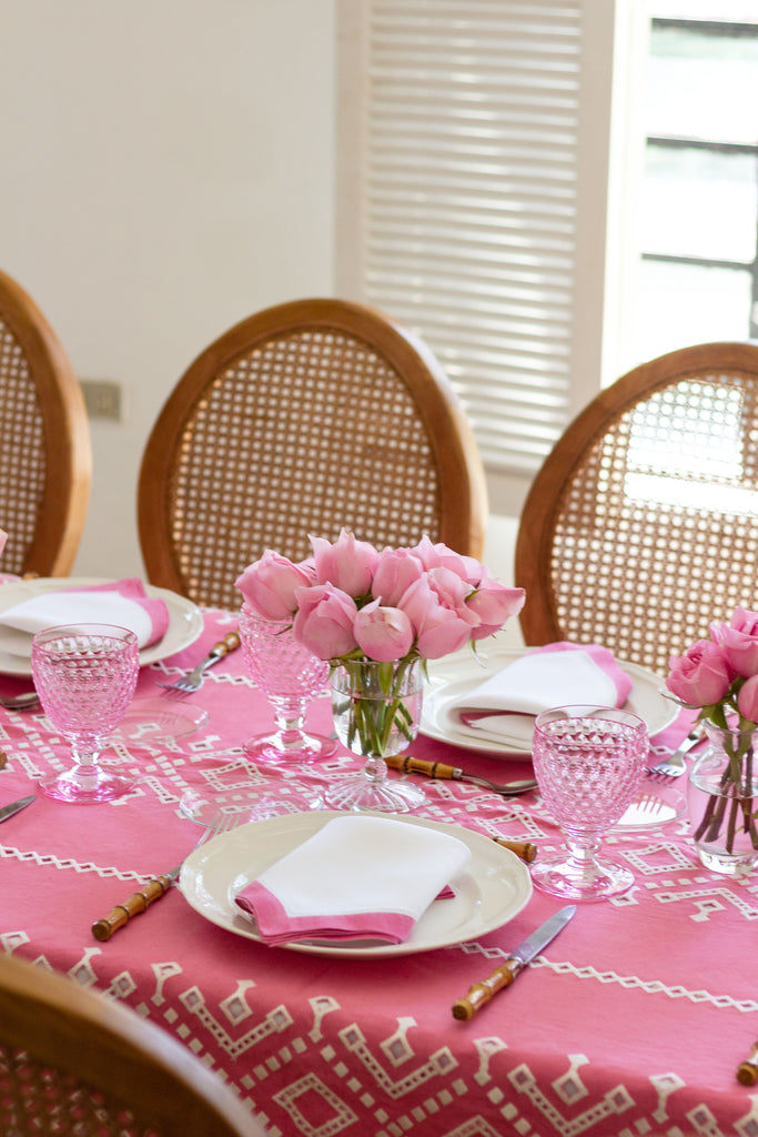 rectangular pink and white eyelet tablecloth with pink roses