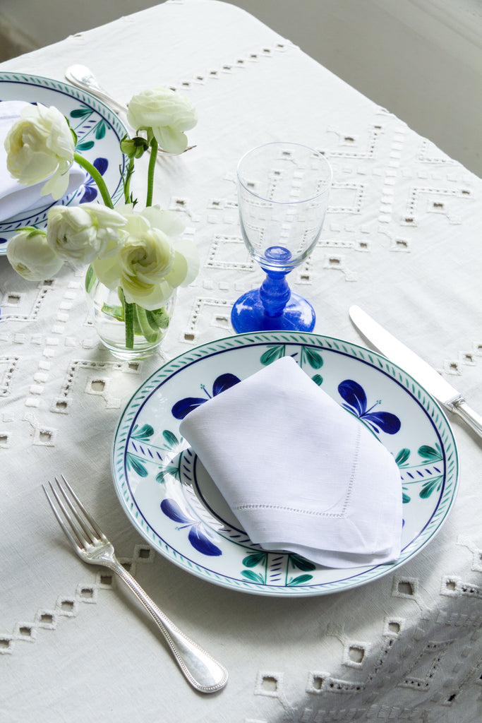 rectangular white eyelet tablecloth with flowers