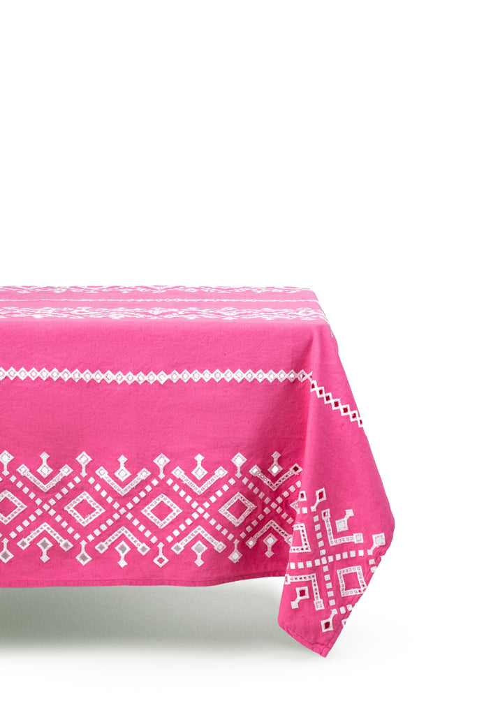 rectangular pink and white eyelet tablecloth side view