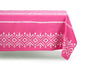 rectangular pink and white eyelet tablecloth distant view