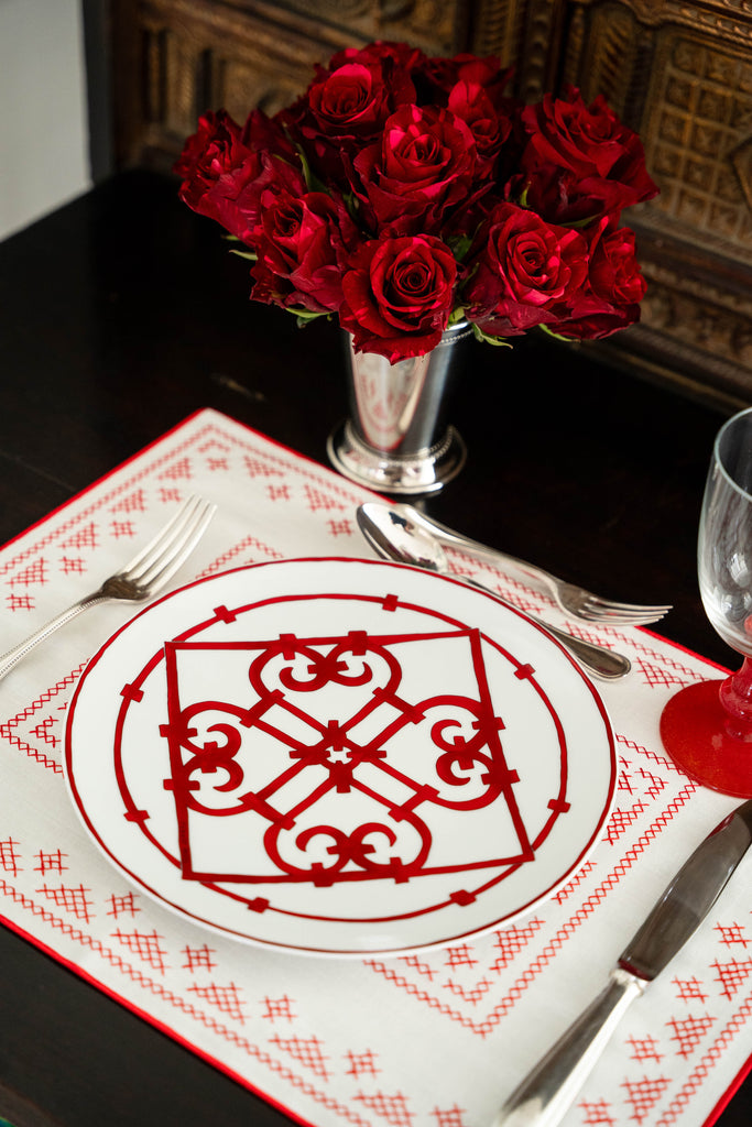 rectangular ivory and red embroidered placemat with red roses