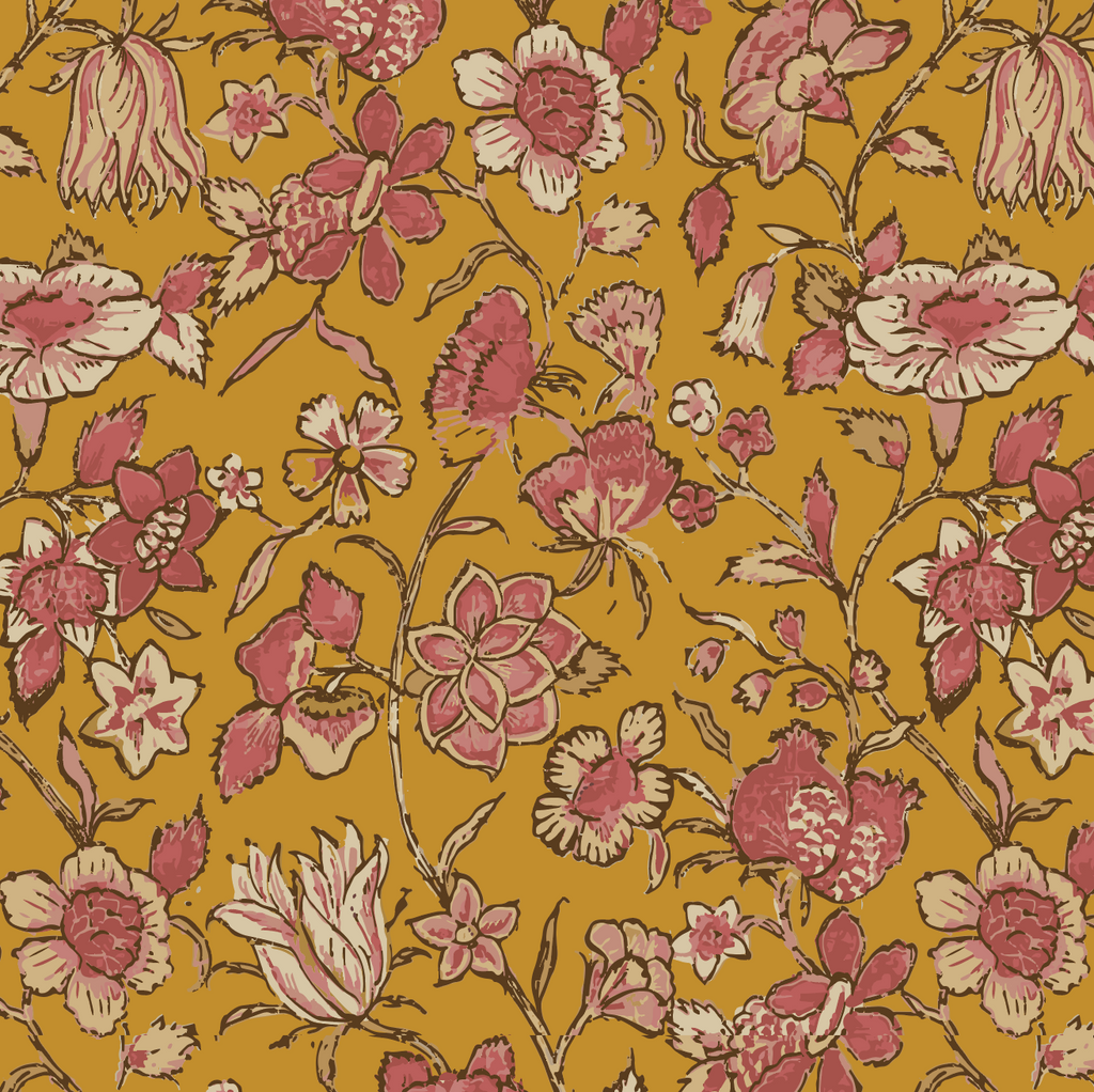 gold daphne print detail gold background with pink and cream flowers