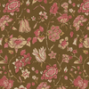 daphne print detail view, brown background with  pink, cream and green flowers