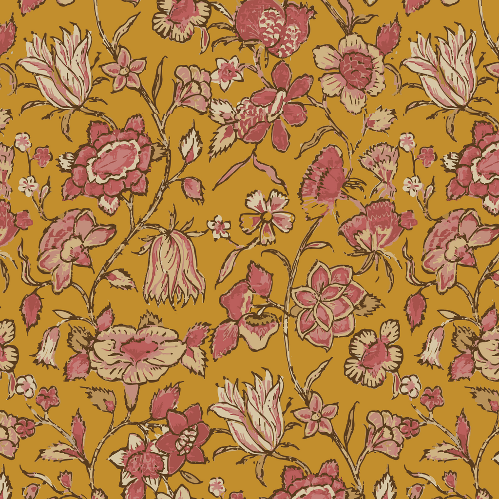 marigold pattern detail gold background with pink and cream flowers