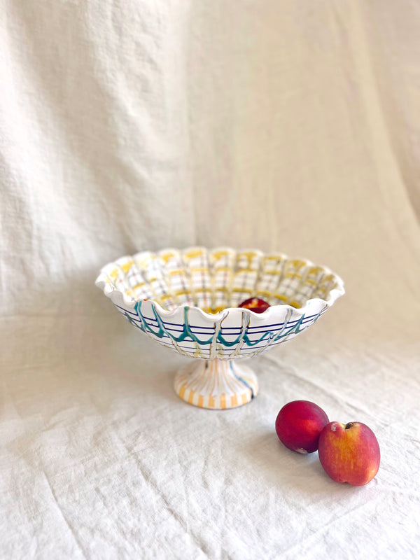 white hand painted compote bowl on table pattern 2