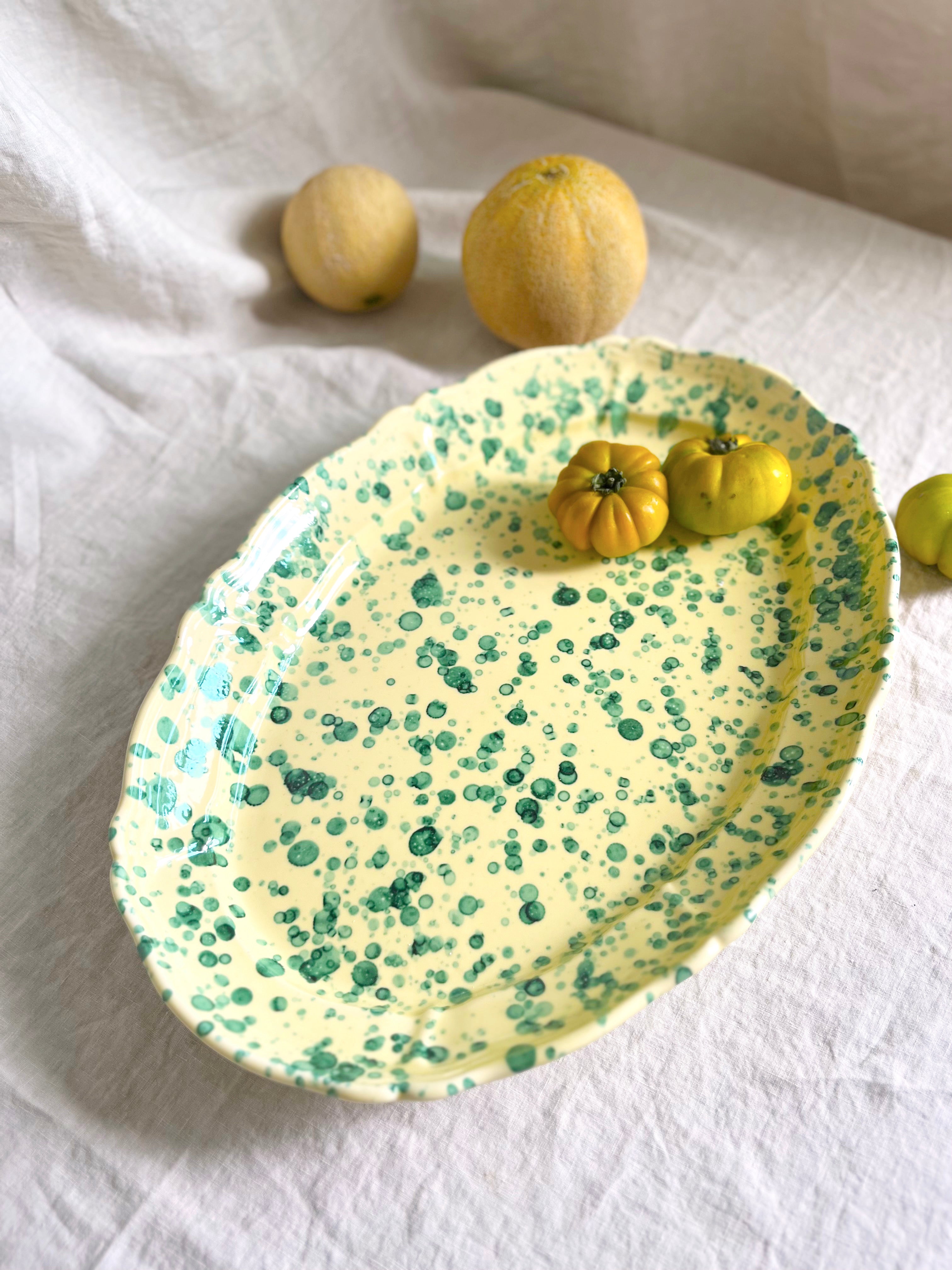 green and cream oval spatterware platter 20" top view