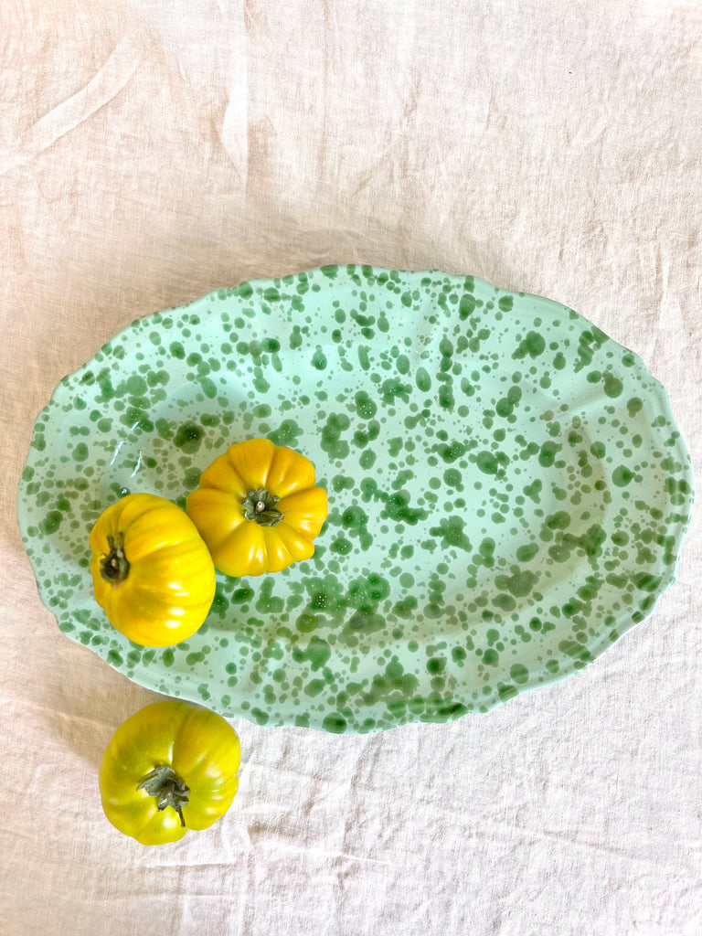 green oval spatterware platter 14"