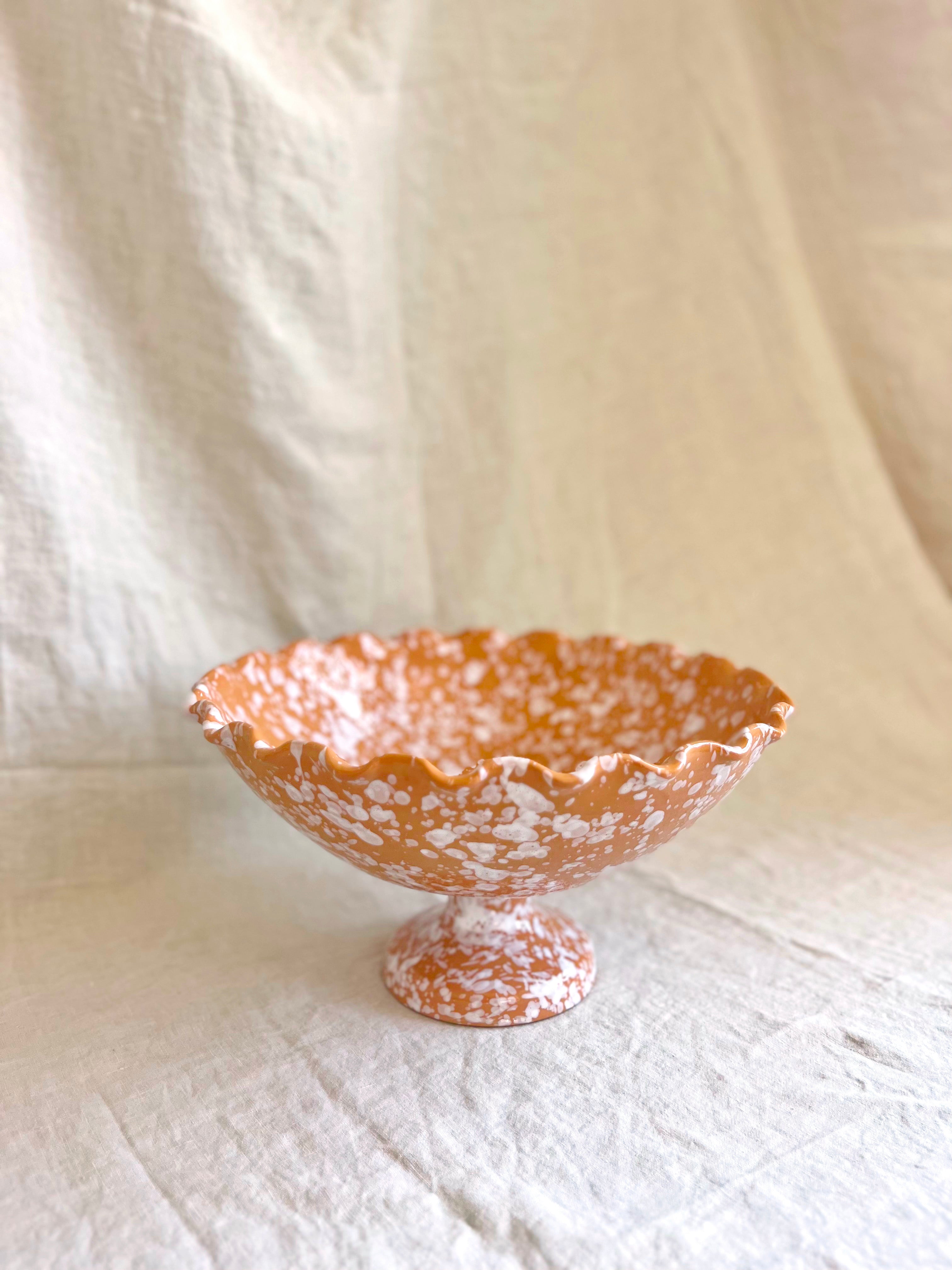 brown spatterware compote bowl