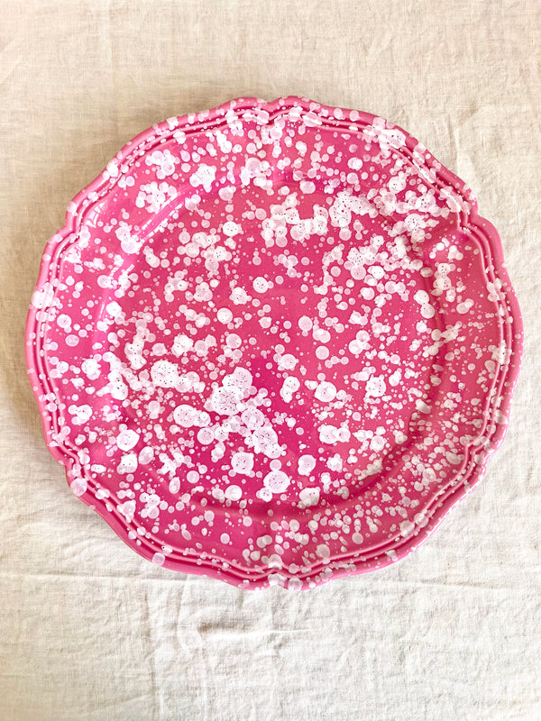 pink and white round spatterware platter 14"