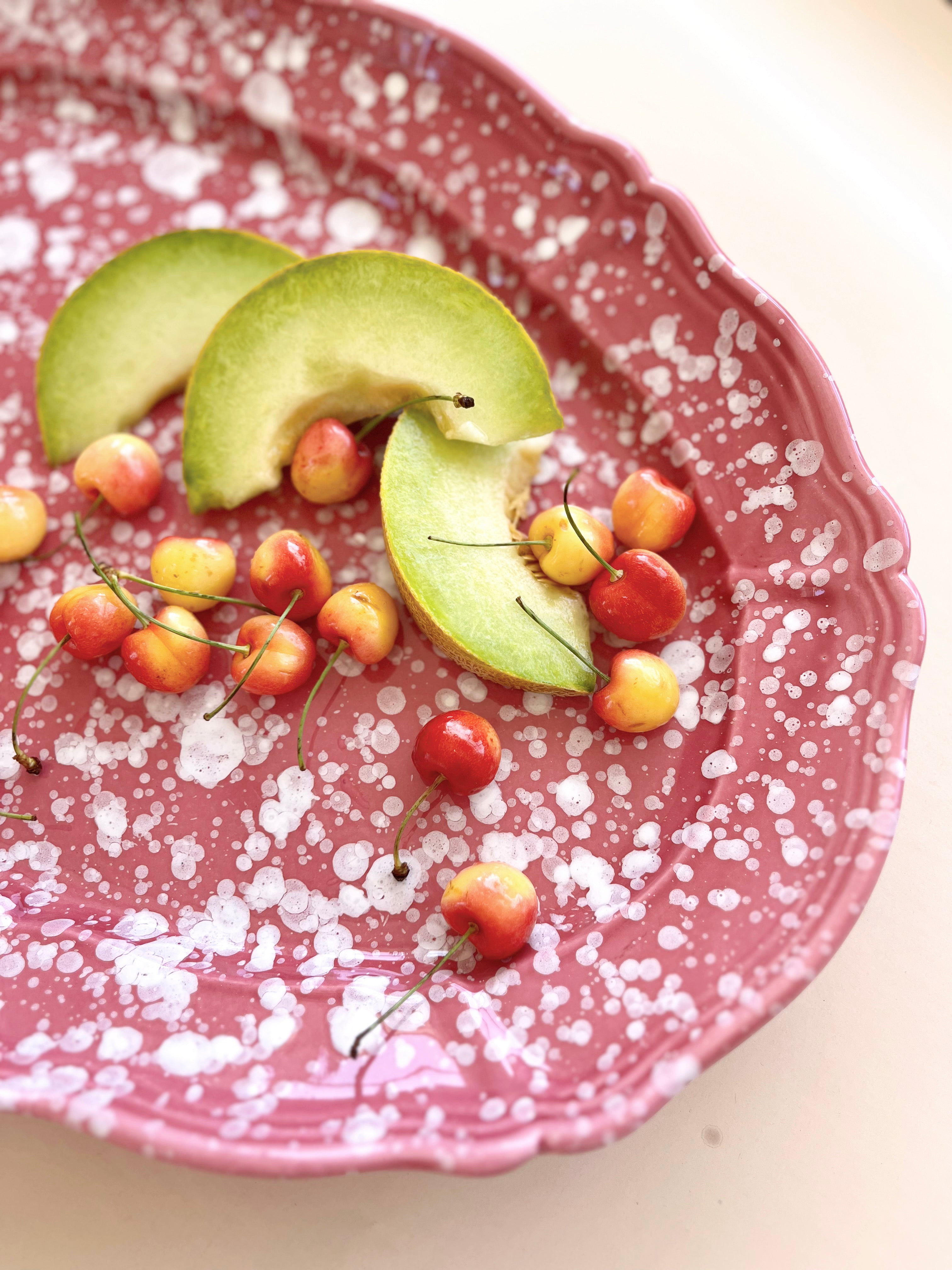 pink and white oval spatterware platter 20" detail