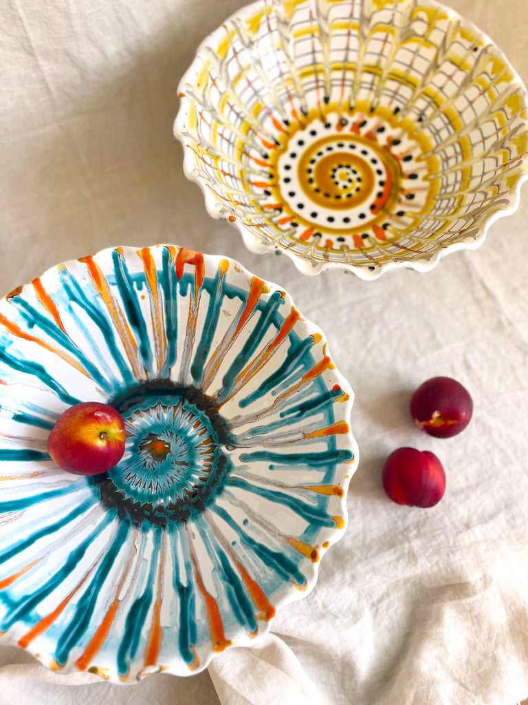 white hand painted compote bowl shown in patterns 1 and 2