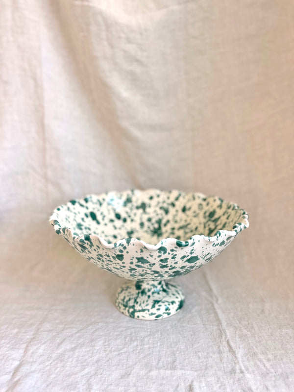 green and white spatterware compote bowl