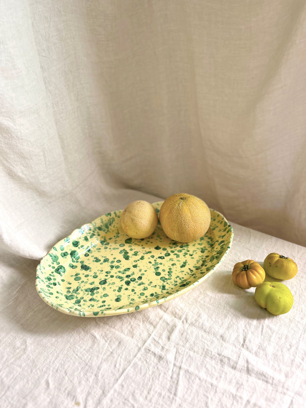 green and cream oval spatterware platter 20" with canteloupe