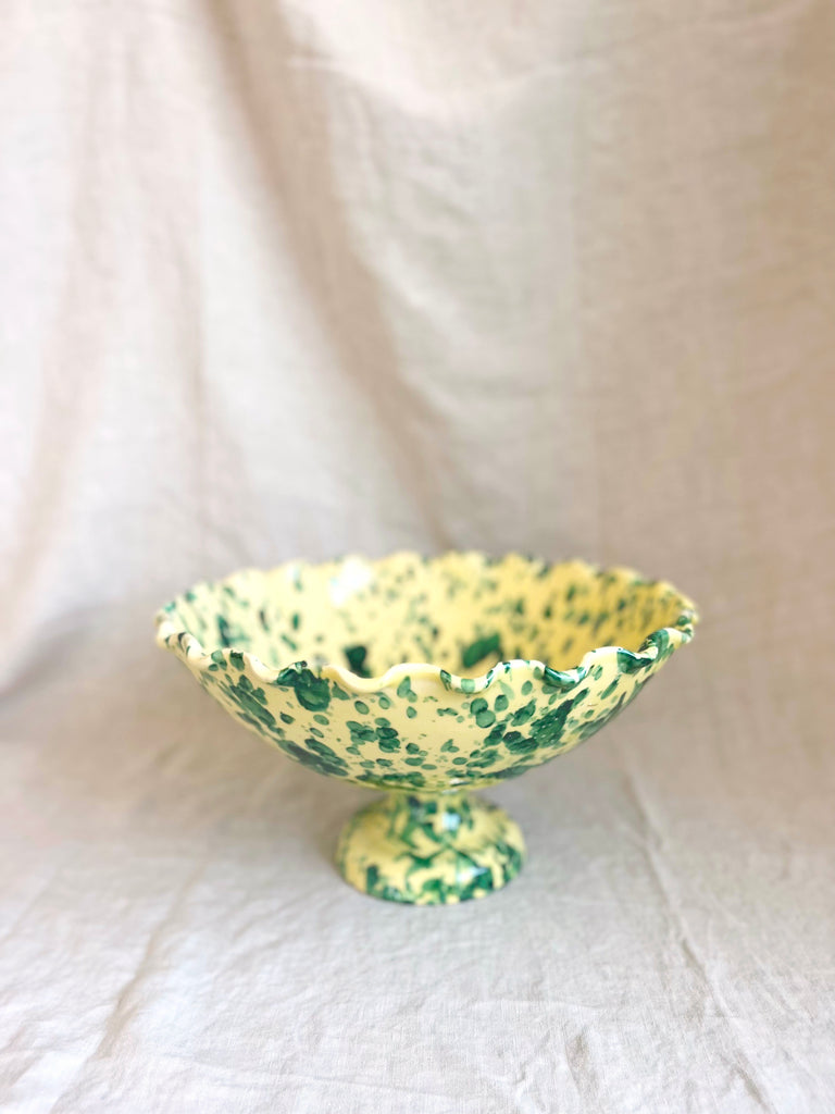 green and cream spatterware compote bowl