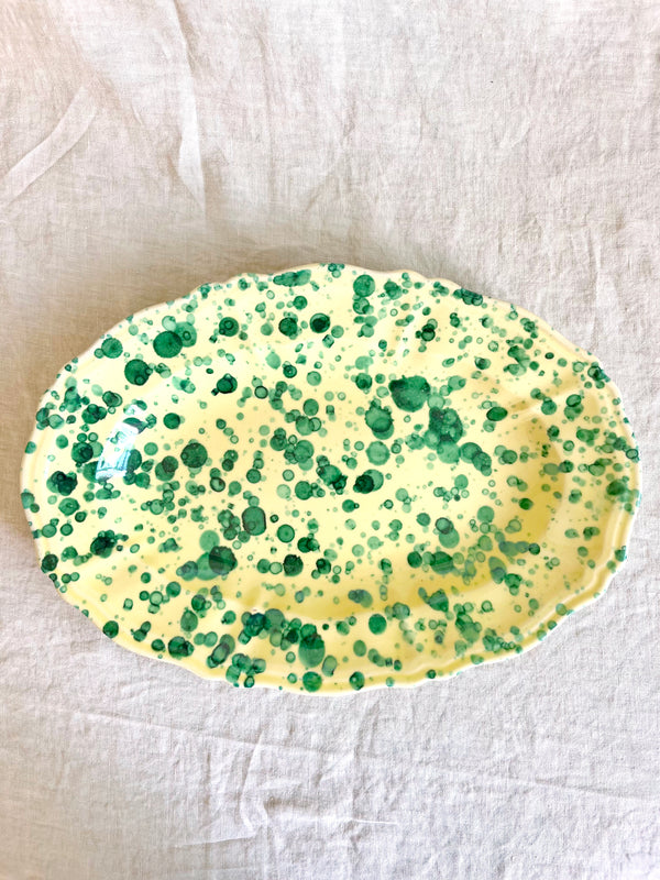 green and cream oval spatterware platter 14"