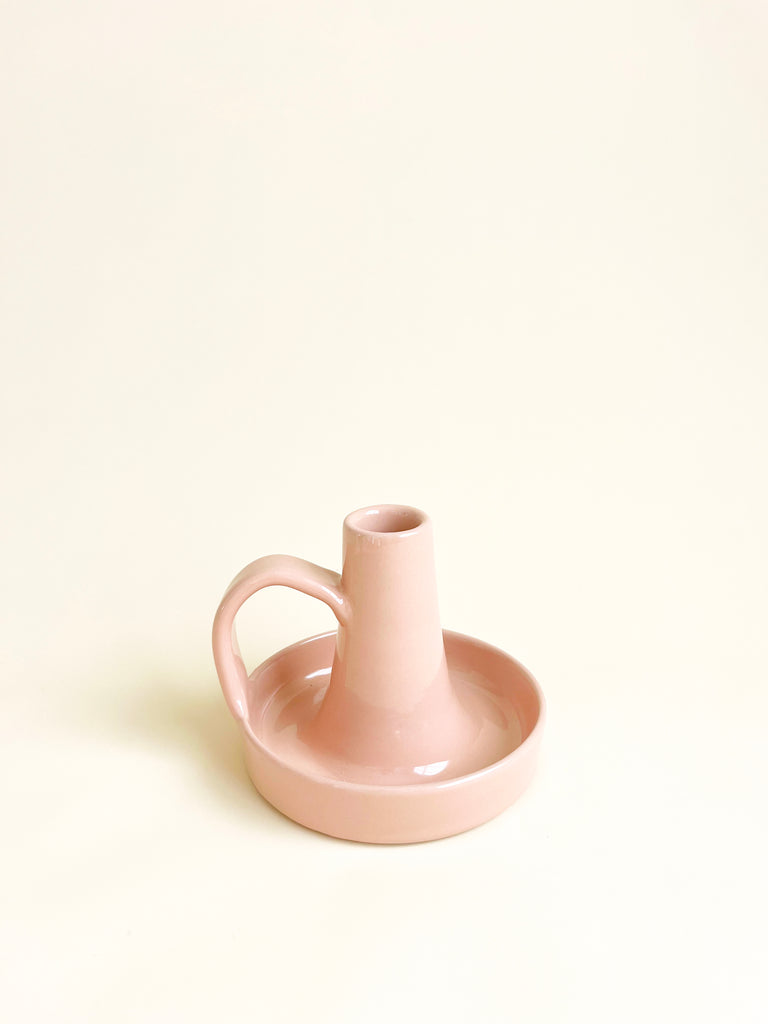 glazed ceramic taper candle holder in pink