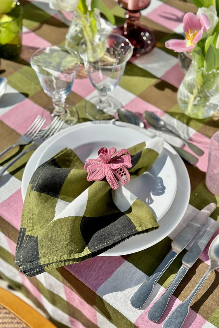 Gingham Tablecloth- Rose Pink & Avocado - 3 sizes available