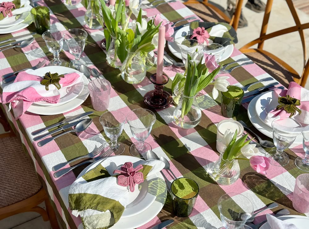 Gingham Tablecloth- Rose Pink & Avocado - 3 sizes available