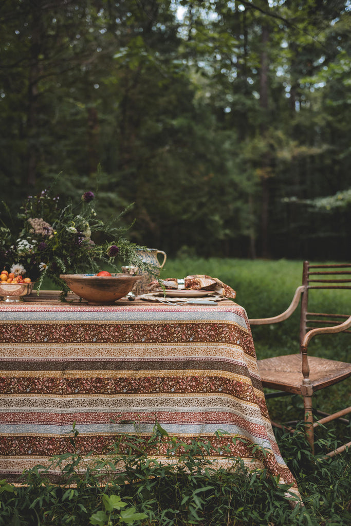 brown, rust and cream stripe tablecloth, esme stripe print