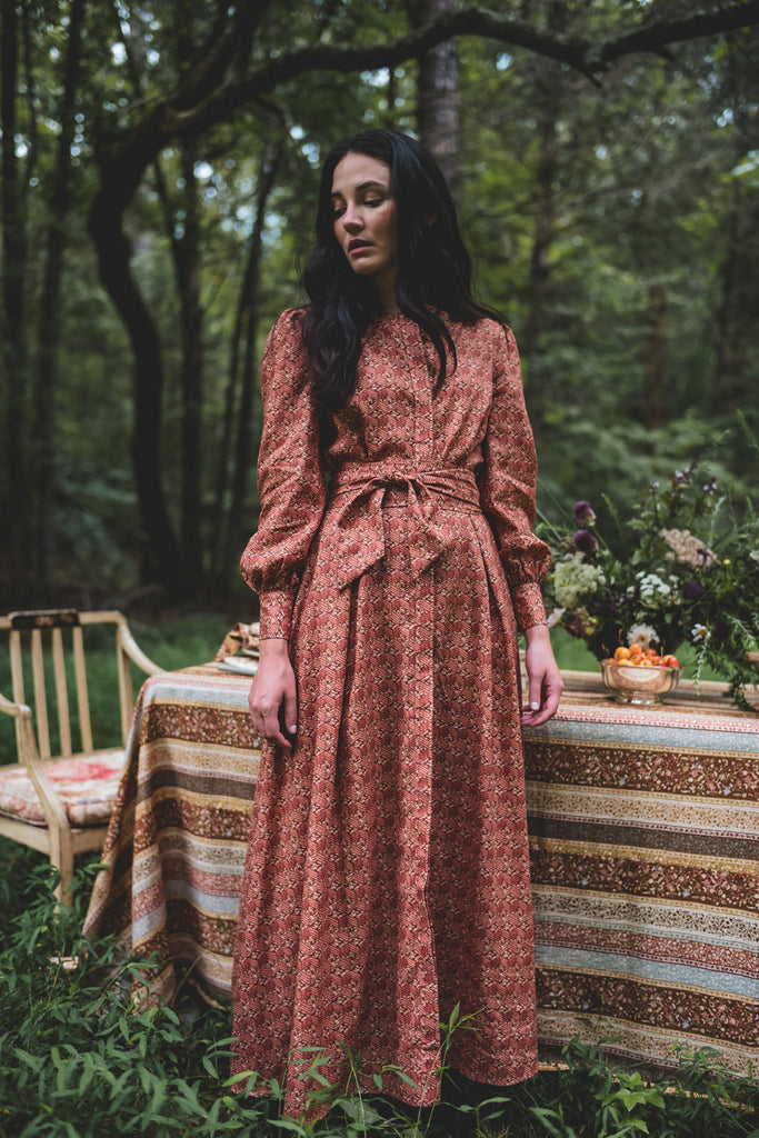 long sleeve, red, button front dress in rhubarb domino print at picnic