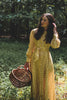 long sleeve button front dress in yellow melograno stripe full length view
