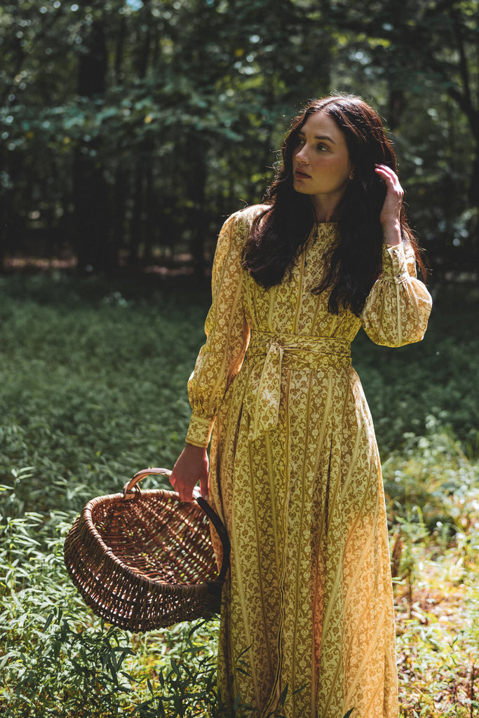 long sleeve button front dress in yellow melograno stripe full length view
