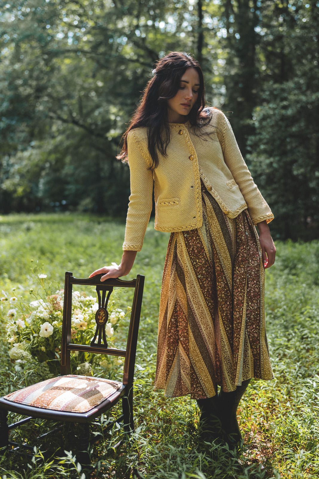 striped skirt in esme stripe pattern with cream blazer