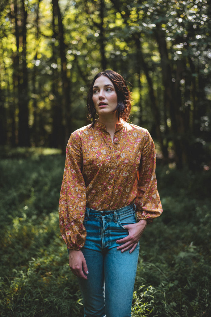 long sleeve button down blouse in marigold pattern