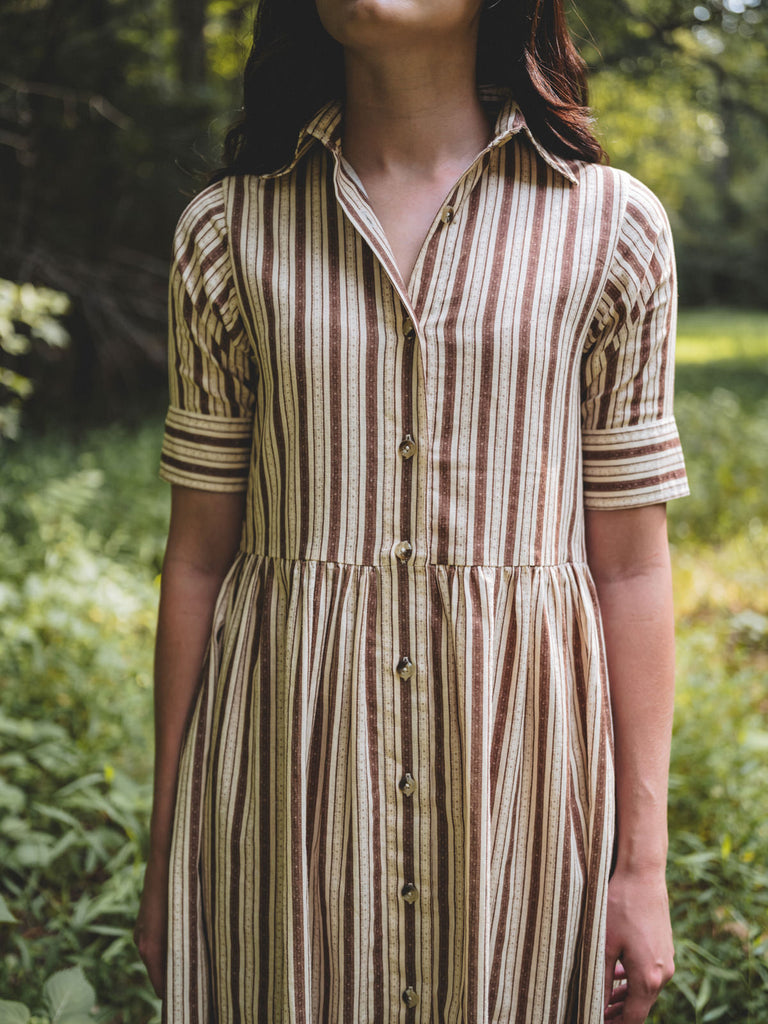 brown and white button front dress in remy stripe pattern waist detail