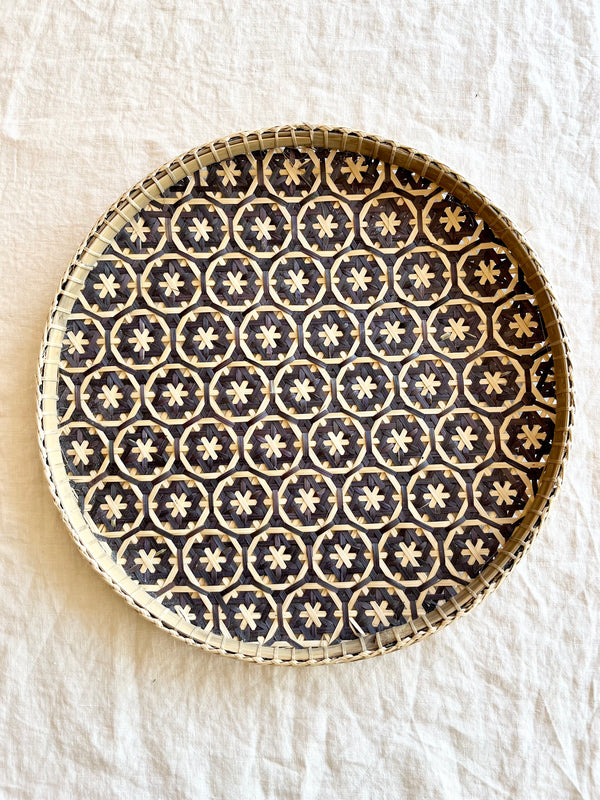 navy blue woven tray with light tan mosaic star pattern 12 inches