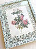 aqua black and white print paper wrapped frame and mat with pink flower botanical print 12" by 15" detail view