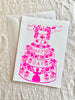 block print hand made card pink and white tiered birthday cake design 7.25" by 10" with envelope
