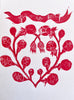 block print hand made card with red rosebud heart 7.25" by 10"