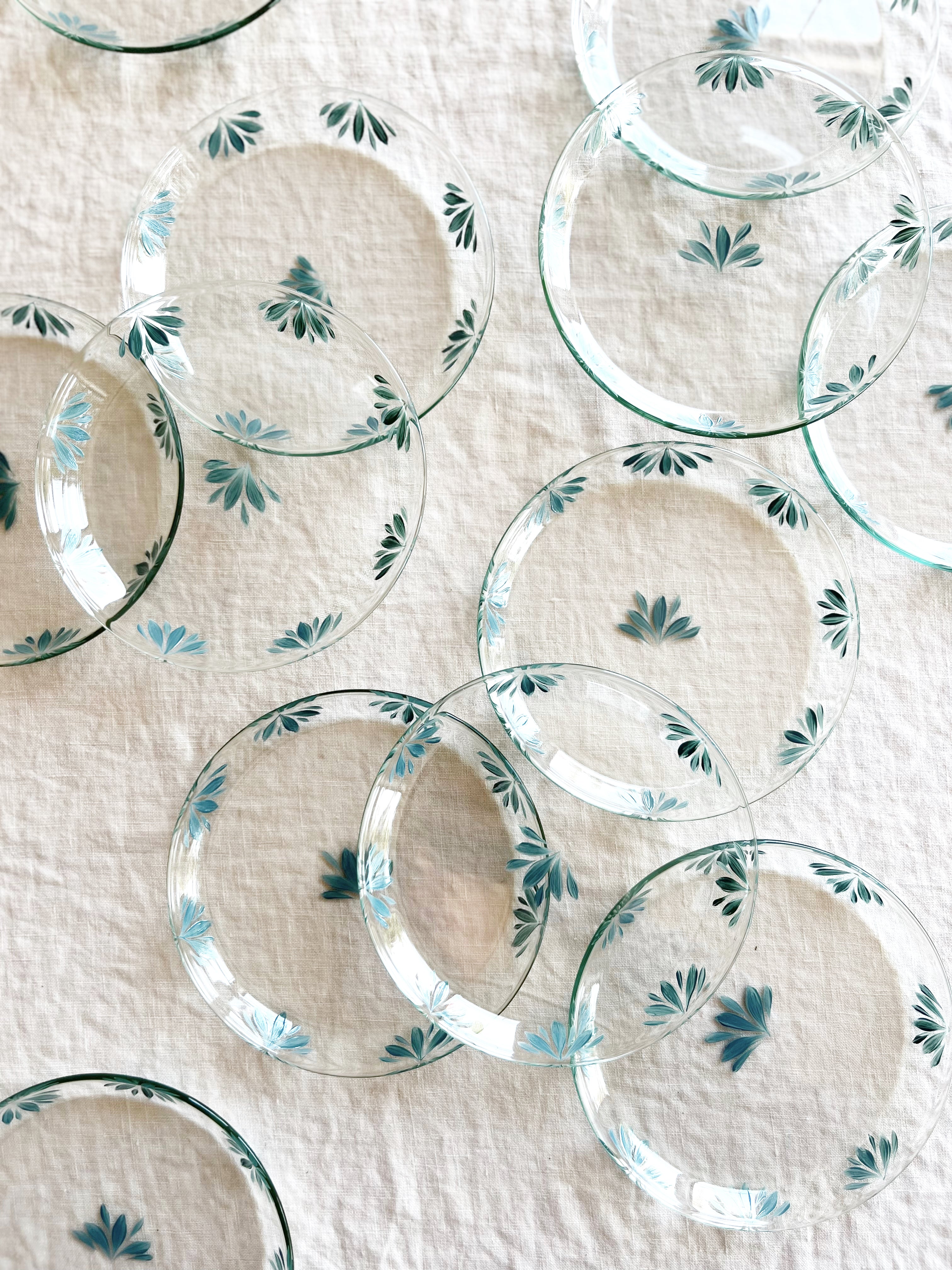 blue leaf bread plates jalisco on linen tablecloth